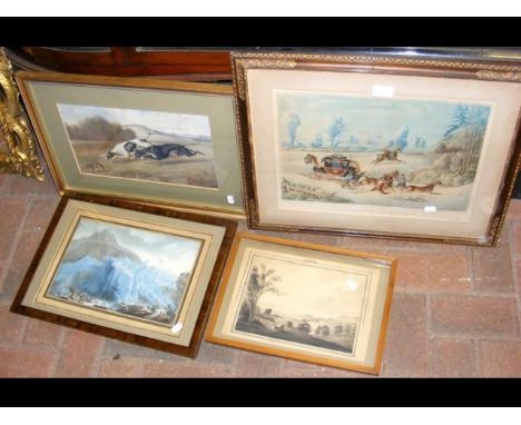 A coloured print of dogs chasing hare, together with other pictures 