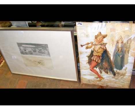 A Limited Edition print, together with a watercolour of Jester playing instrument 