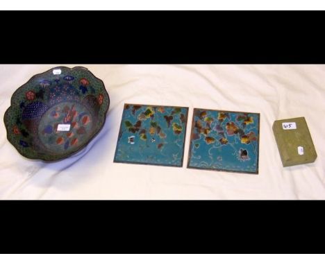 A 31cm cloisonne bowl with floral and bird decoration, together with a pair of oriental enamel on metal square plaques - 20cm
