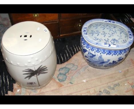 Ceramic garden seat, together with blue and white jardiniere CONDITION REPORTboth seem fine