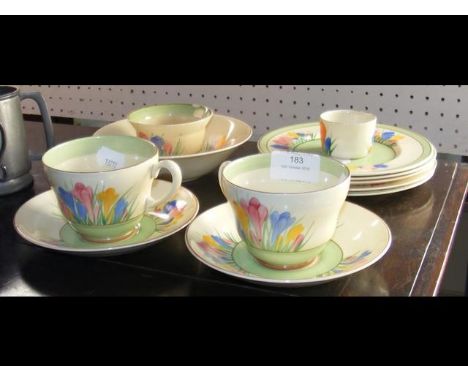 Clarice Cliff 'Crocus' pattern cups and saucers, side plates 