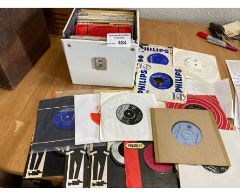Records: A vintage record box containing 45's incl. The Who, 4 Seasons, Bern Elliot, Aphrodite's Child, Dion, Burdon, Fleetwo