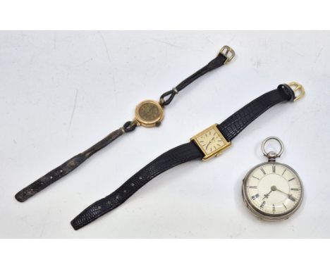 A 14ct. gold cocktail watch, manual movement, having 20mm wide 14ct. gold case, to associated leather strap, currently not wo