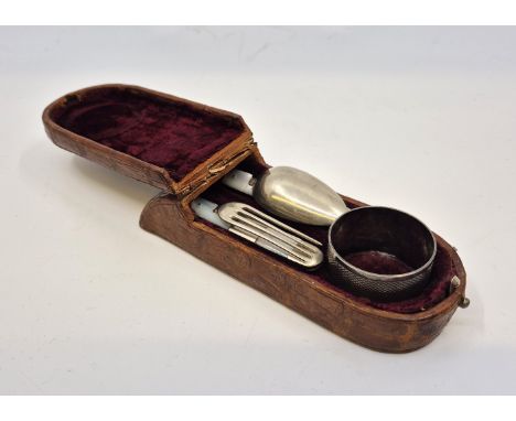 A campaign folding fork, folding spoon and napkin set, late 19th or early 20th century, nickel silver with mother of pearl mo