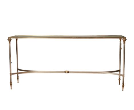 Circa 1980s A glass and metal console table  Dimensions: 27 in. (H) x 59 in. (W) x 15 in. (D) 