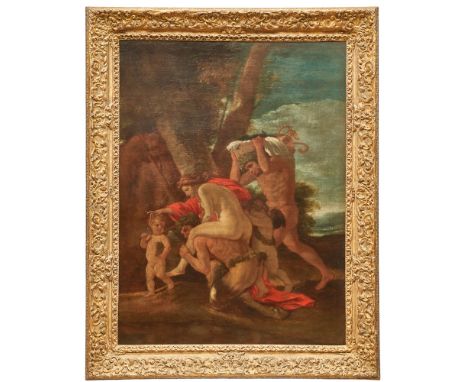 Nicolas Poussin (1594-1665) A satyr carrying a nymph on his back, with putti and a faun in an arcadian landscape Oil on canva