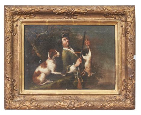 German Circa 1740 A huntsman with his dog, holding a dead hare Oil on canvas Signed indistinctly  Provenance:&nbsp; Phillips,
