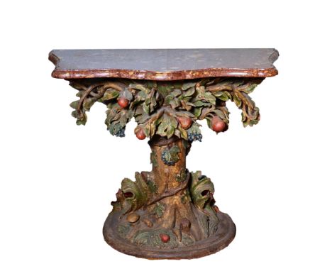 North Italian 16th/17th Century A rare and impressive carved polychrome fruiting vine marble-top table The base carved from a