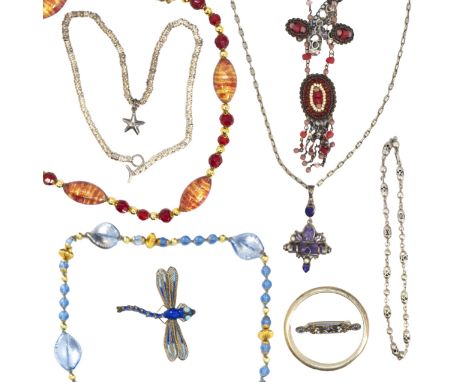 20th Century A mixed lot of costume jewellery To include a pretty silver and enamel dragonfly brooch and earrings, an amethys
