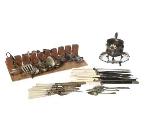 A mixed lot of silver and silver plate To include small forks with mother of pearl handles, silver tongues, serving fork and 