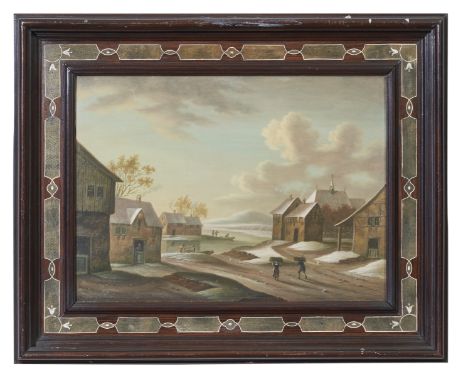Dutch 18th Century Circle of Marc Baets A winter landscape With peasant figures carrying sticks through a town Oil on panel  