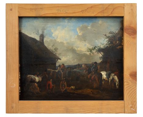 Circle of Philips Wouwerman (Haarlem 1619 - 1668) Horsemen resting outside a farmstead Oil on panel Two collector's wax seals