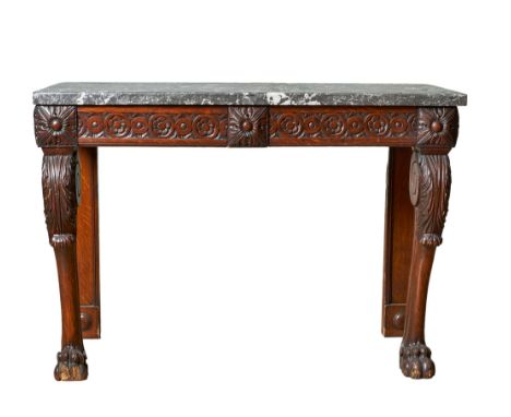British 19th Century A grey grained substantial marble-top oak console table With hairy wild paw feet Provenance: The Sloane 