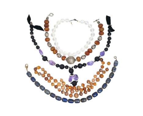 20th Century and earlier A group of five crystal bead necklaces Comprising Indian carnelian, lapis lazuli, rock crystal, and 