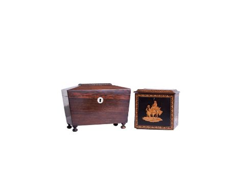 19th Century Two tea caddies [a] An casket-shaped mahogany tea caddy, with double felt-lined compartments and a mother-of-pea
