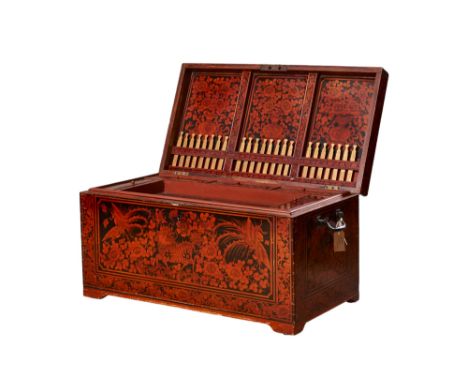 Chinese 19th Century A large lacquered gaming trunk Including a tray insert with five lidded compartments and central compart