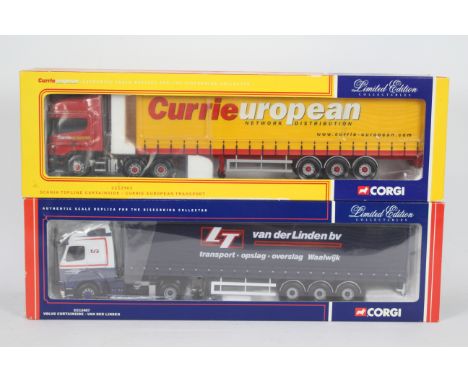 Corgi - Two boxed Corgi Limited Edition 1:50 scale diecast trucks. Lot consists of CC12903 Scania Topline Curtainside 'Currie