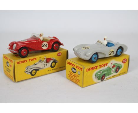 Dinky - 2 x boxed cars, M.G, Midget Sports # 108 in Red and Aston Martin DB3 Sports in grey, both appear Near Mint with minim