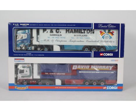 Corgi - Two boxed Corgi Limited Edition 1:50 scale diecast trucks. Lot consists of Corgi CC12906 Scania Topline Fridge Traile