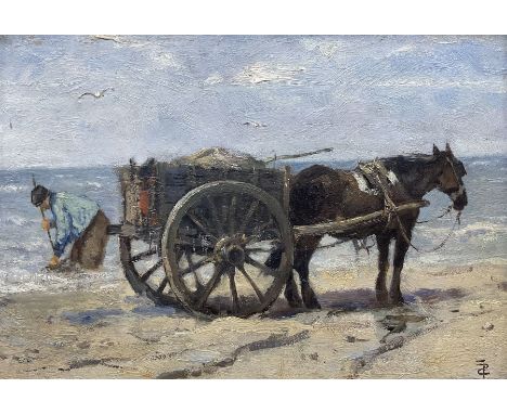 Johan Frederik Cornelis Scherrewitz (Dutch 1868-1951): The Seaweed Cart, oil on panel signed with monogram 14cm x 21cm