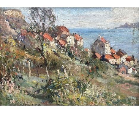 James William Booth (Staithes Group 1867-1953): Cottages at Runswick Bay, oil on canvas laid on to panel signed 21cm x 28cm