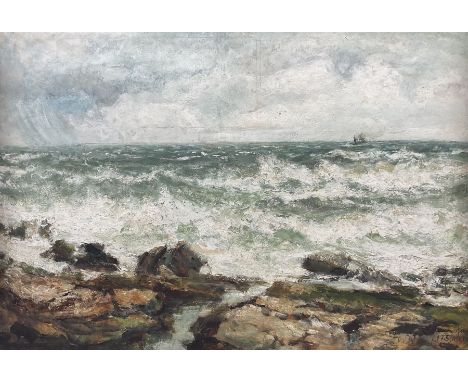 John Falconar Slater (British 1857-1937): Waves Breaking with a Steamer in the Distance, mixed media signed 54cm x 79cmCondit