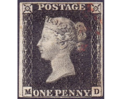 GREAT BRITAIN STAMPS : PENNY BLACK Plate 7 (MD) four margin example, close at lower right, light red MX