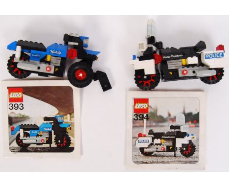 Two vintage 1970's Lego motorbikes to include; 394 Harley Davidson Police Bike &amp; 393 Norton bike. All appear complete &am