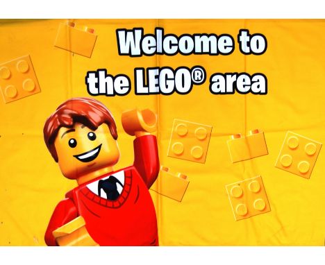 A HUGE impressive Lego Toys R Us in store shop point of sale advertising material banner having a yellow ground with brick de
