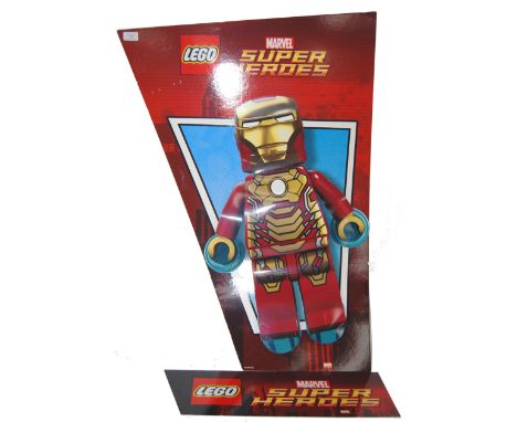 A Lego Marvel&nbsp;wall shop point of sale advertising display card poster showcasing the Iron Man. The panel having a banner