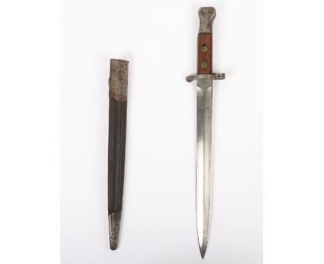 British M1888 Lee Metford Knife Bayonet, with two piece wooden grips, brass rivets and oil hole above the top rivet. Housed i