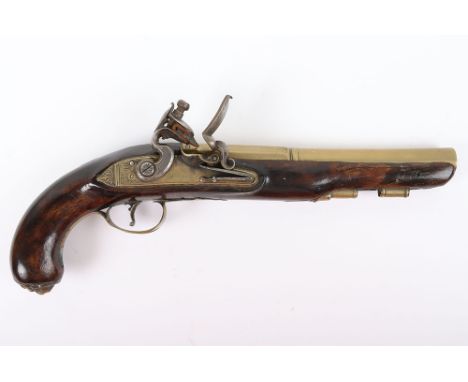 25 Bore Brass Barrel Flintlock Holster Pistol, half octagonal brass barrel 20cms, Tower proved, engraved H. NOCK LONDON, full