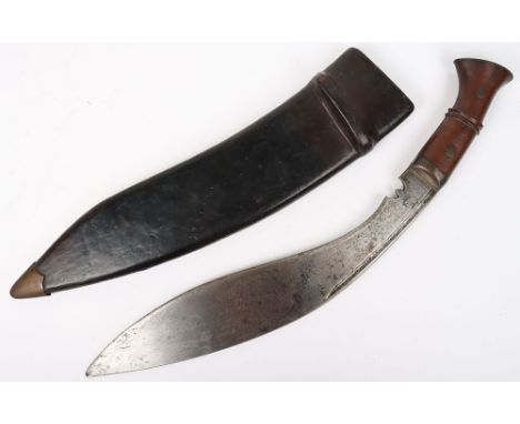 WW1 1916 Dated Gurkha Kukri, fine example with wooden and steel mounted hilt, housed in brown leather covered wooden scabbard