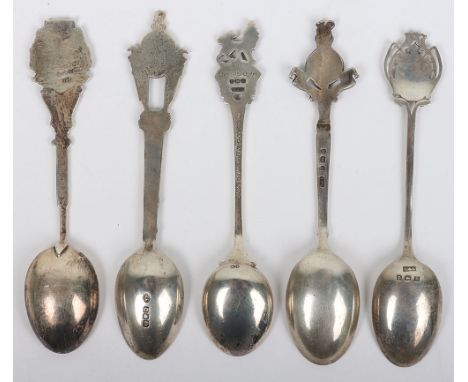 5x Hallmarked Silver Queens Royal West Kent Regiment Spoons, various dates and silver assay marks. Couple with enamel. One ex