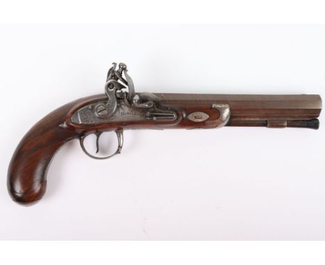 20 Bore Indian Flintlock Holster Pistol in the English Manner, rebrowned octagonal twist barrel 20cms, halfstocked, stepped l