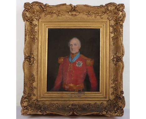 Painting of Georgian Officer, fine small portrait of an elderly officer wearing his Royal Guelphic Order to breast and neck. 