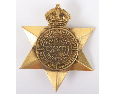 Indian Army 73rd Carnatic Infantry Pre 1922 Headdress Badge, heavy cast brass large headdress badge with two loop fittings to