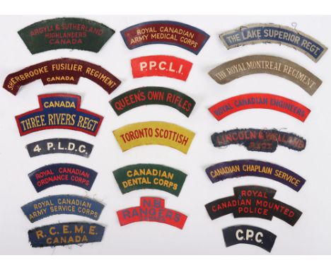 20x WW2 Canadian Printed Regimental Shoulder Titles, including Argyll & Sutherland Highlanders Canada, Canada Three Rivers Re