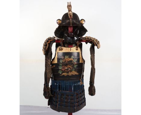 Attractive Composite Japanese Armour, comprising 32 iron plate kabuto, signed with 3 characters, black lacquered overall, fuk