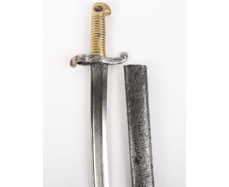 French Model 1842 Bayonet, with brass handle, steel cross guard and muzzle ring. Housed in steel scabbard. Yataghan blade wit