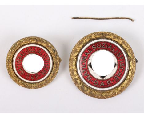 Rare Third Reich NSDAP Golden Party Badge Pair, being the large 30.5mm type and the smaller type for wear on civilian dress. 