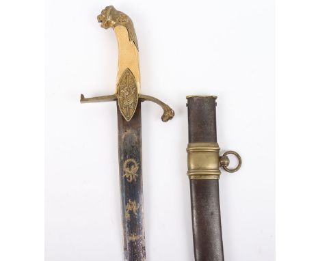 Continental Cavalry Officers Sword c.1840, curved single edge blade 75cms, cut with a single broad fuller and blued and gilt 