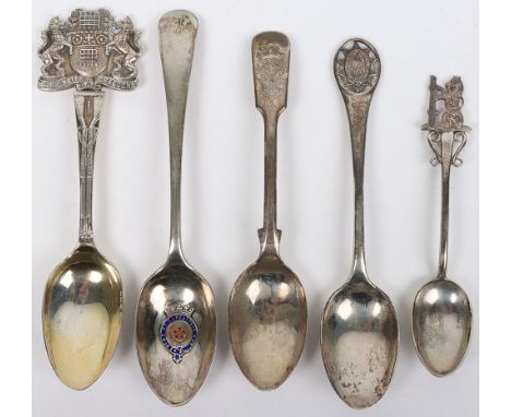 5x Hallmarked Silver Spoons of Yeomanry Regiments, consisting of fine quality example for the Westminster Dragoons, North Som