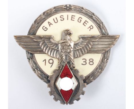 Third Reich Hitler Youth 1938 Gausieger Badge, fine silvered and enamel breast award badge with central eagle and HJ diamond 