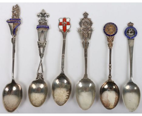 6x Hallmarked Silver Regimental Spoons of Manchester Regiment, Royal Warwickshire and Hertfordshire Regiment, various hallmar