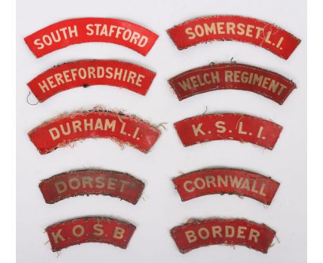 10x WW2 British Printed Regimental Shoulder Titles, all being white on red for Somerset LI, South Staffordshire regiment, Her