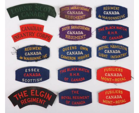 15x WW2 Canadian Printed Regimental Shoulder Titles, including 2x Regiment de Maisonneuve, Essex Scottish, 2x South Saskatche
