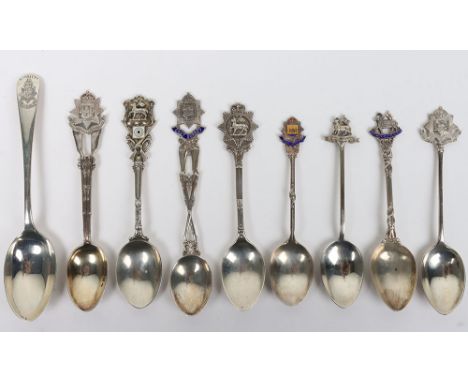 9x Hallmarked Silver Queens Royal West Surrey and East Surrey Regiment Spoons, various dates and silver assay marks. Some wit