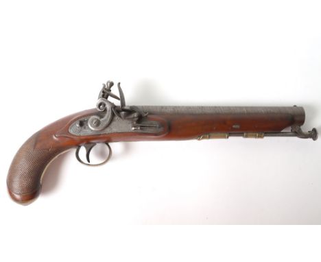 16 Bore Flintlock Holster Pistol by William Bond c.1820, browned twist barrel 23cms engraved on top flat Wm Bond 59, Lombard 