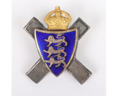 Rare Jersey Militia Officers Field Service Cap Badge, fine example in silver, gilt and enamel. Two lug fittings to the revers